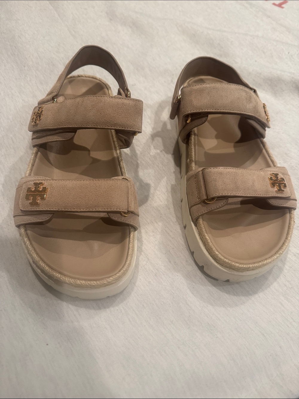 Tory Burch Neutral Suede Velcro Strap Platform Sandals with dust bag